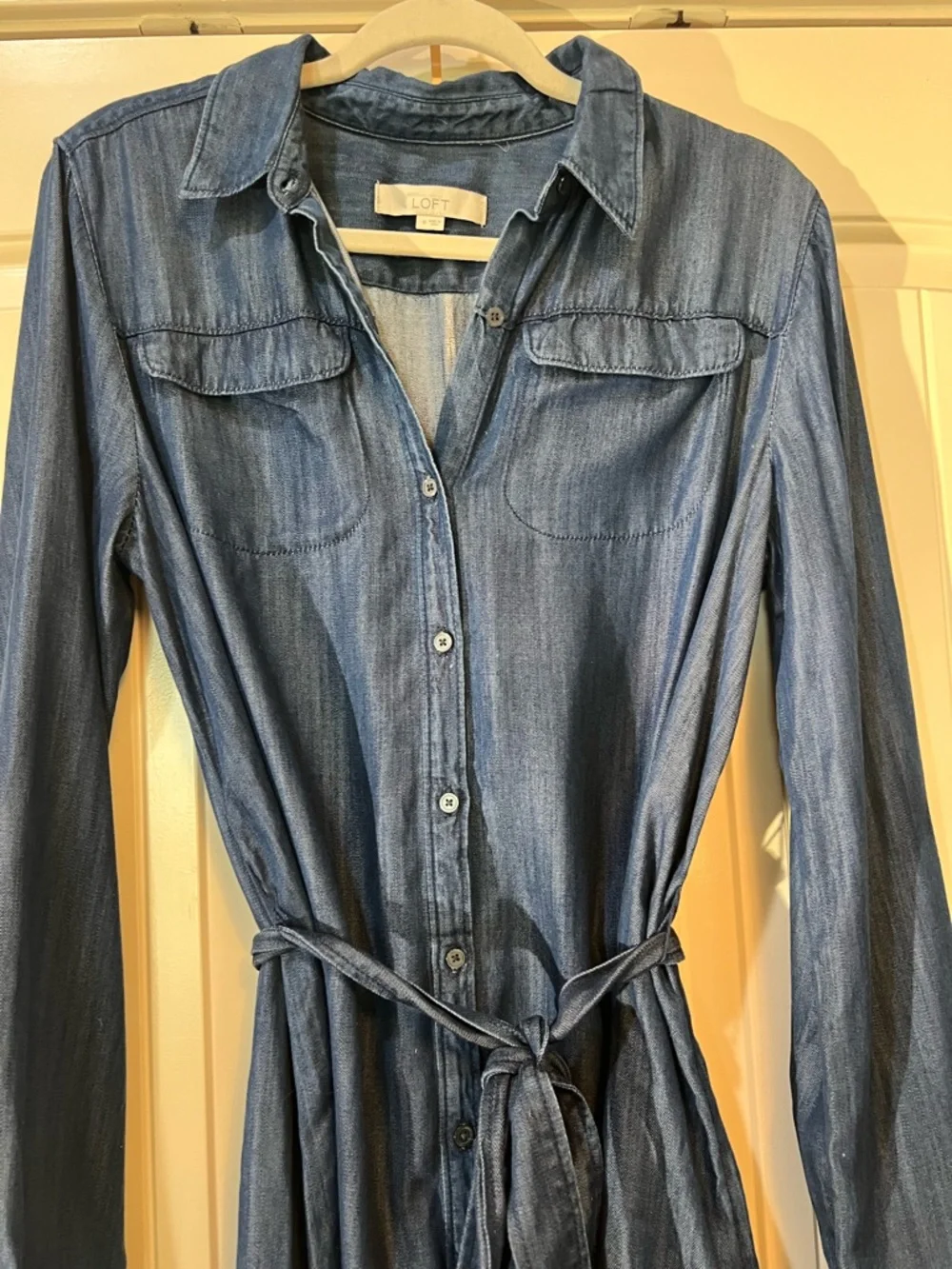 LOFT Blue Denim Button-Front Shirt Dress with Tie Waist MEDIUM - Picture 3 of 6